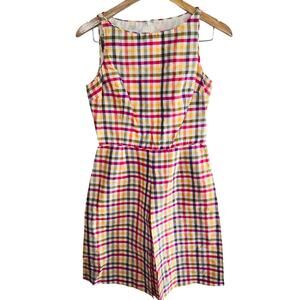 100% SILK VINTAGE PLAID CHECK RAINBOW DRESS SPRING PICNIC